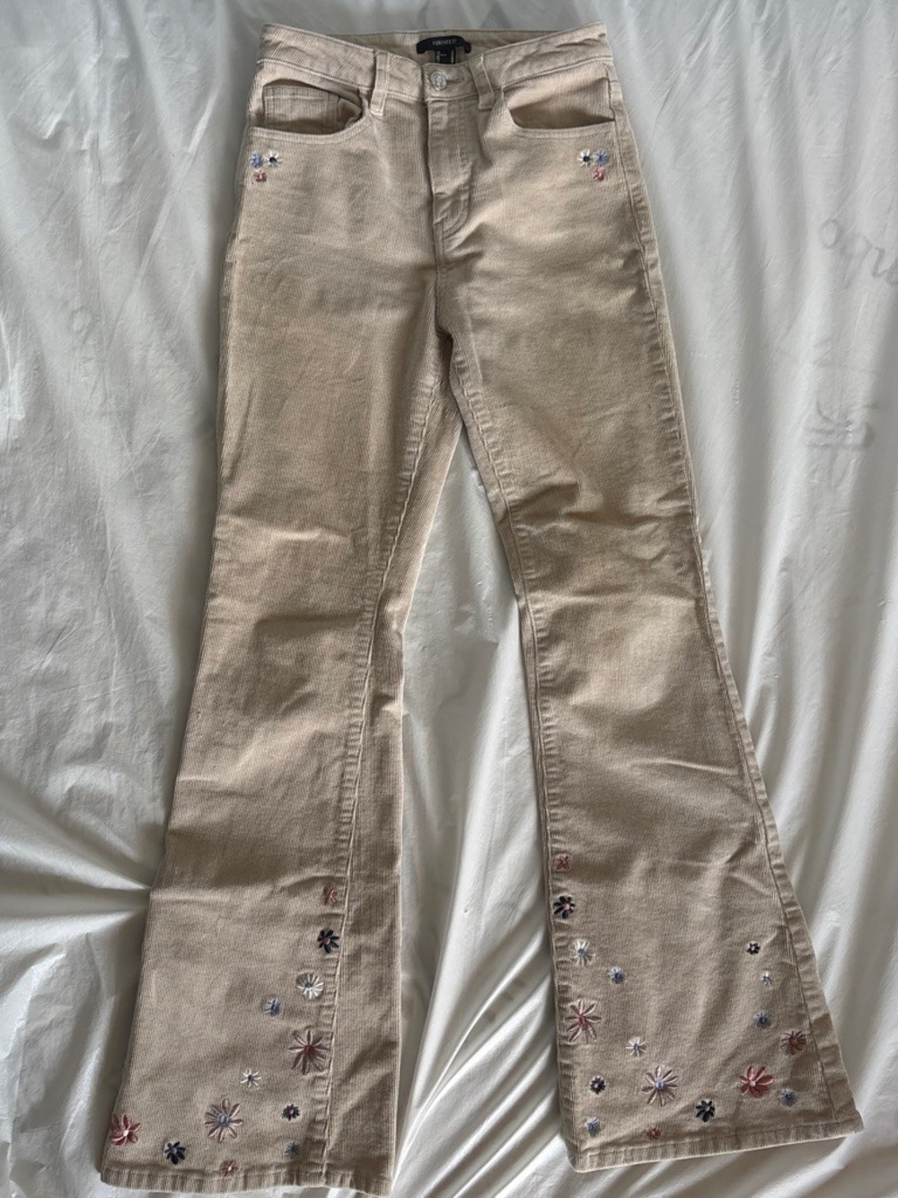Forever 21 Beige Women's Embroidered Corduroy Flare Jeans Size M